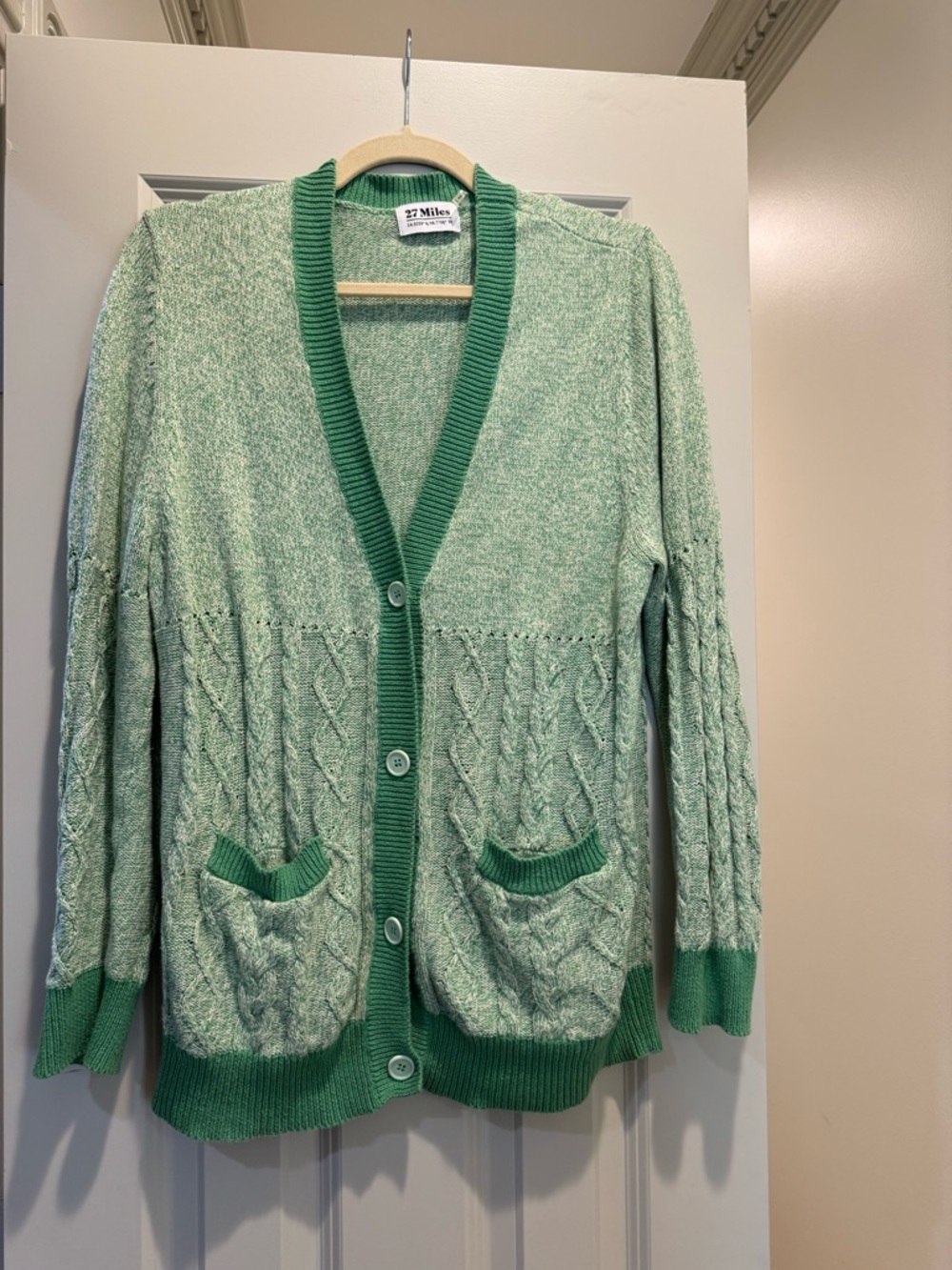 27 Miles Malibu Light Green Cable Knit Cardigan with Dark Green Trim